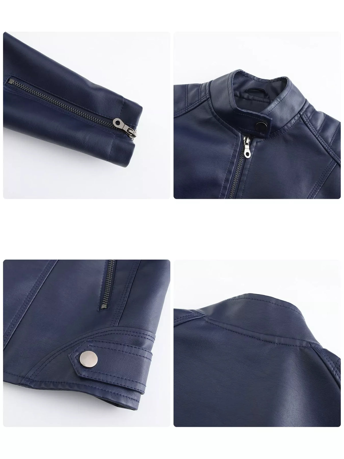 Faux-leather moto jacket, navy garment details