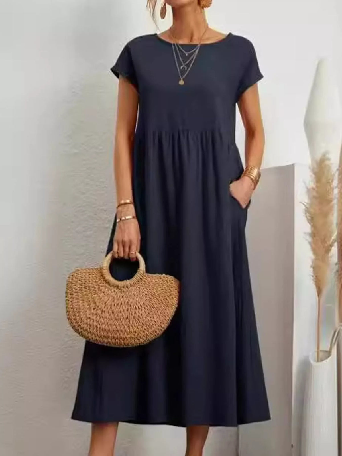 Round neck short sleeve midi dress, front view on model