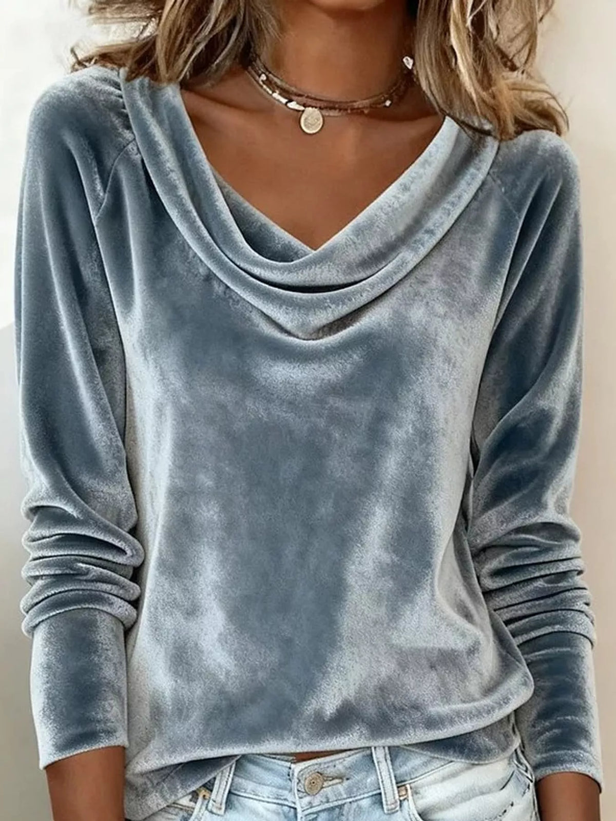 Blue-gray velvet cowl neck long sleeve t shirt, front view