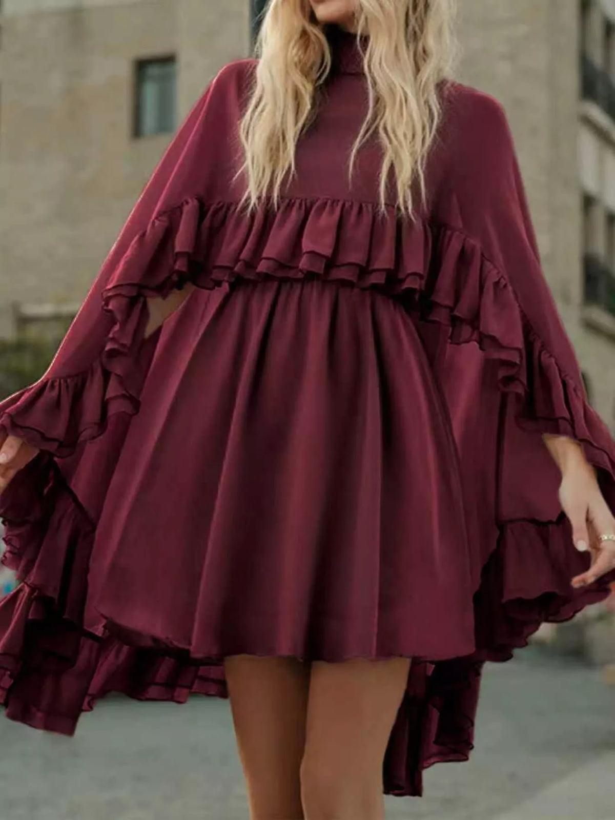 Burgundy ruffled cape and cami dress set, front view
