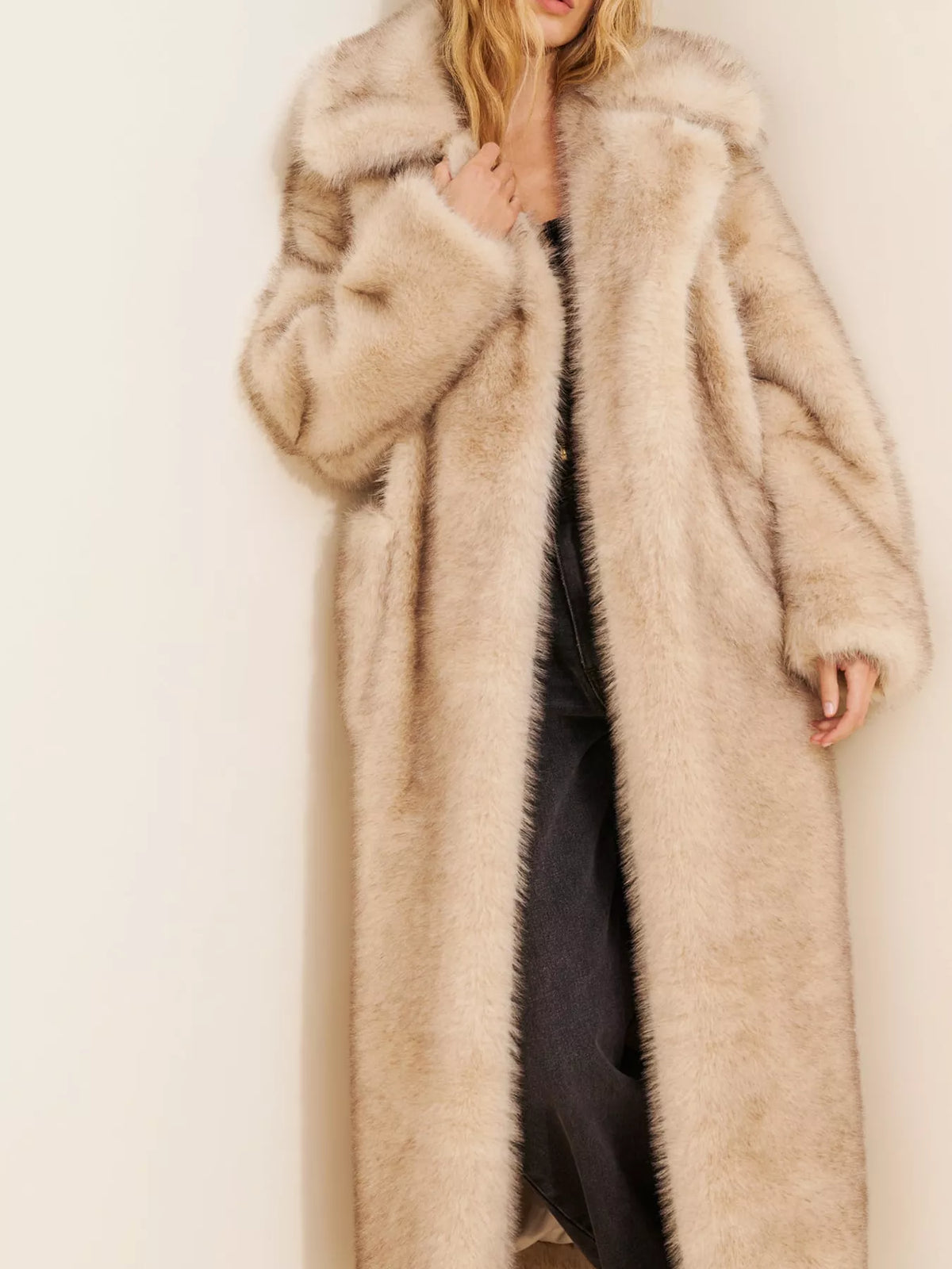 Lapel Collar Faux Fur Longline Coat with Pockets in light apricot