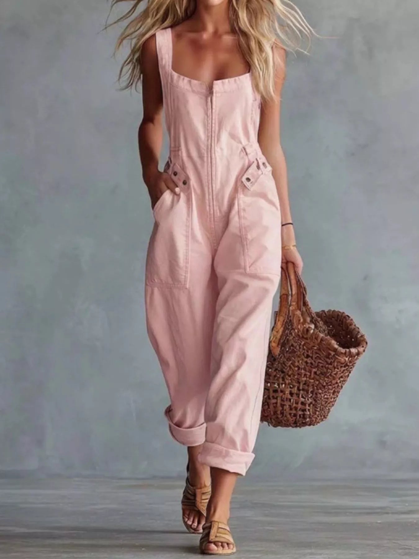 Trendsi Casual Sleeveless Zip Front Jumpsuit with Pockets -