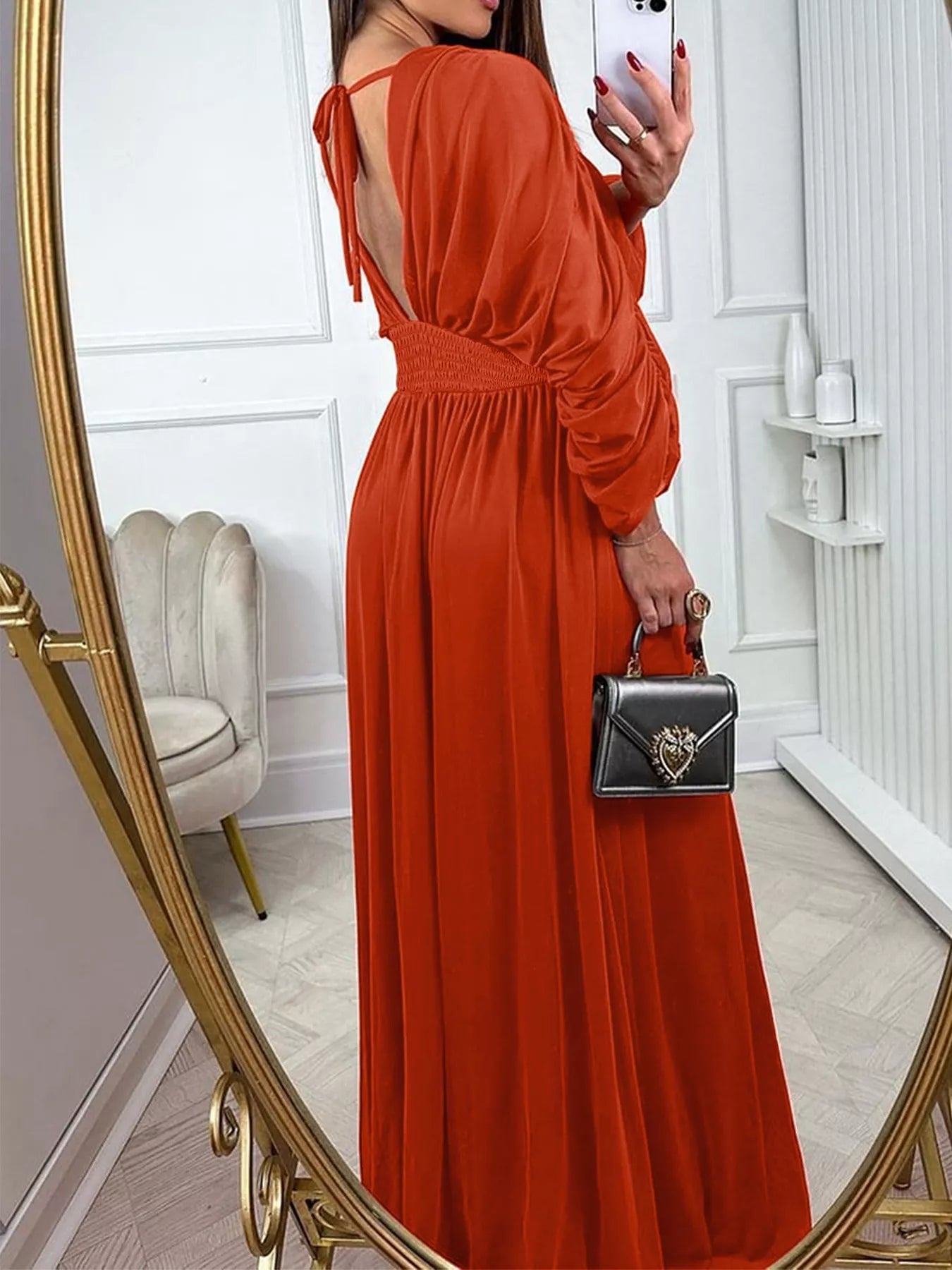 Trendsi Smocked Ruched Sleeve Maxi Dress -