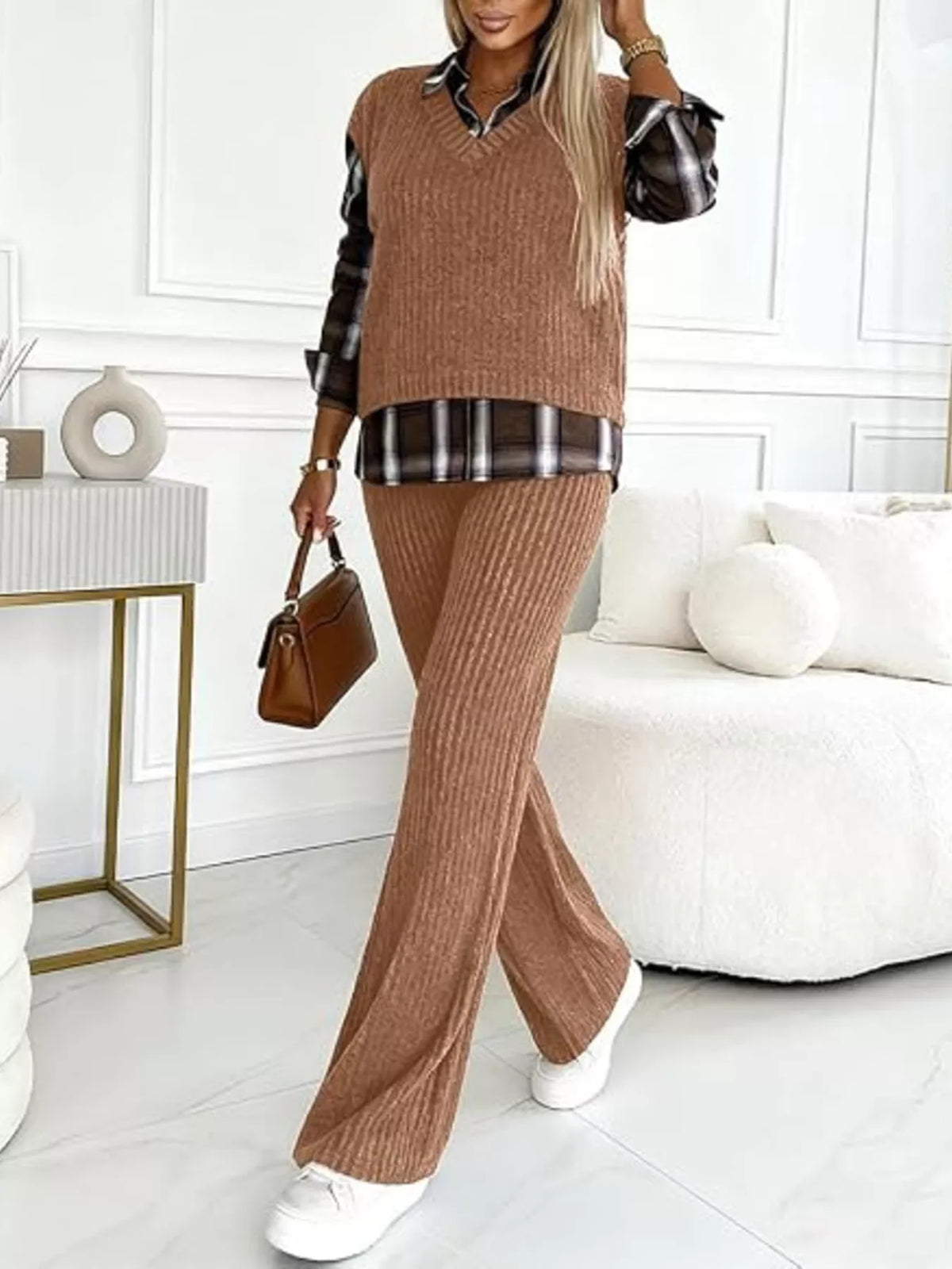 Trendsi Ribbed Knit Plaid Sleeve Top & Pants Set -