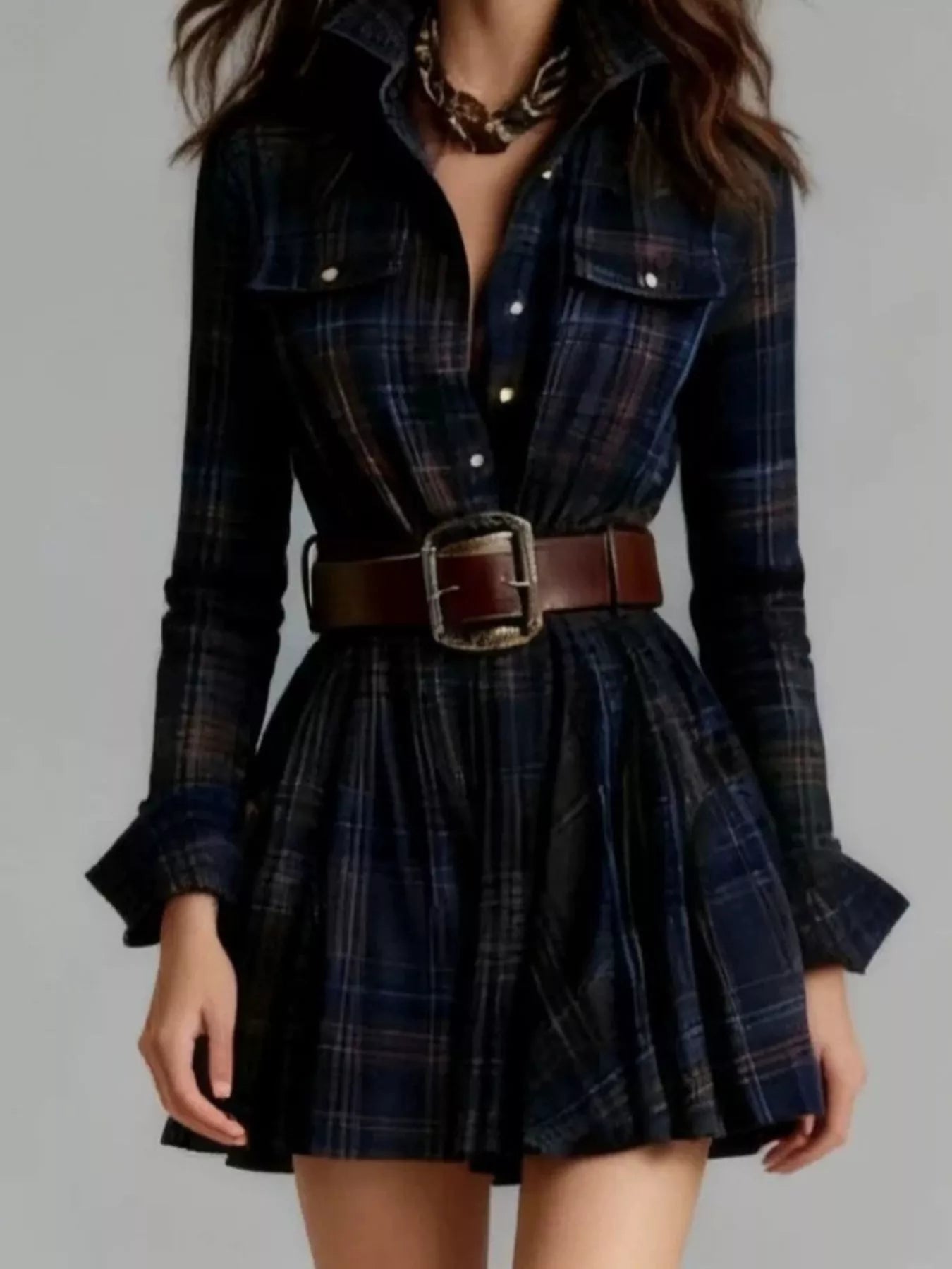 Trendsi Plaid Long Sleeve Shirt Dress -