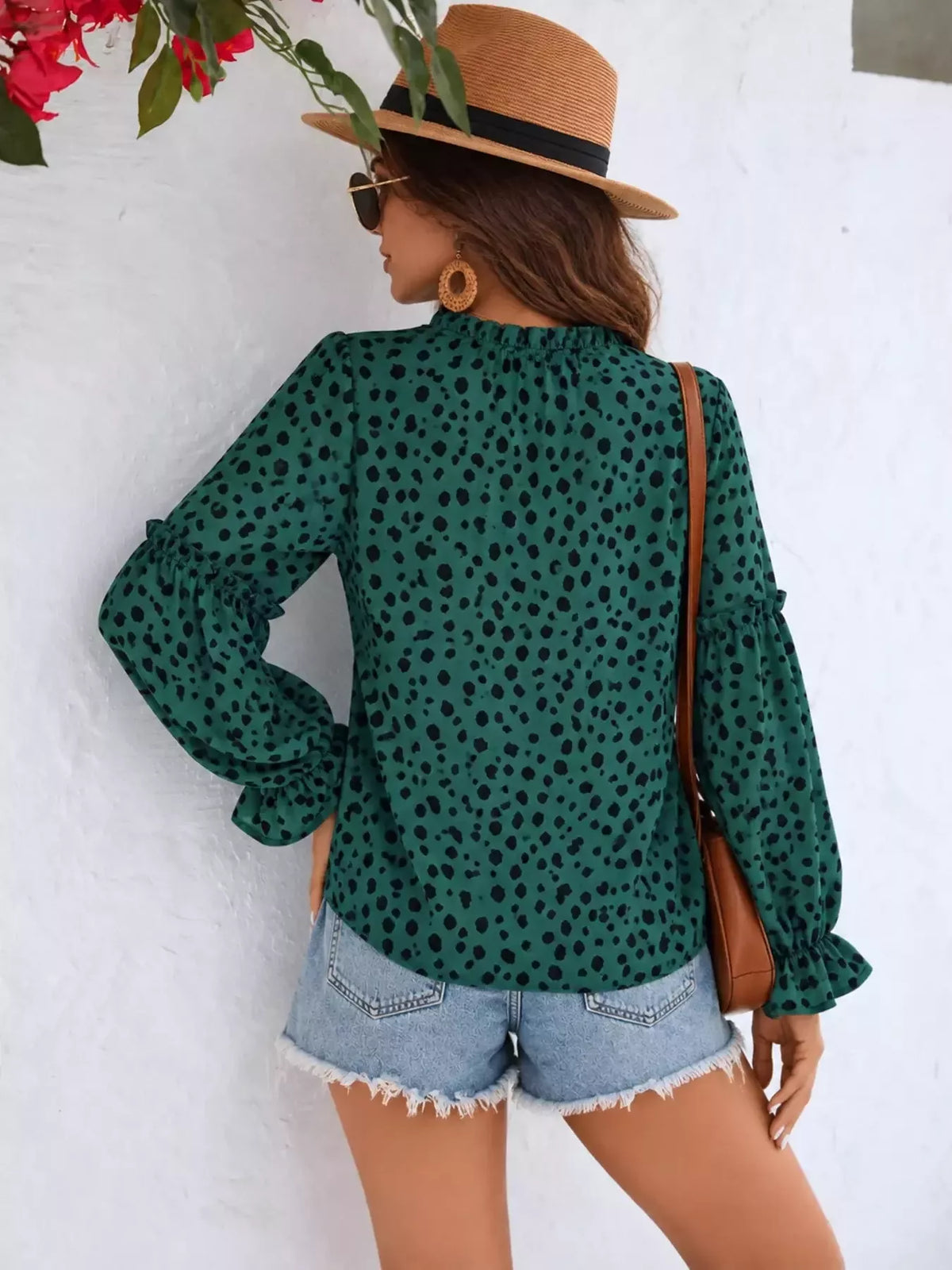 Polka Dot Tie Neck Long Sleeve Blouse, back view in dark green