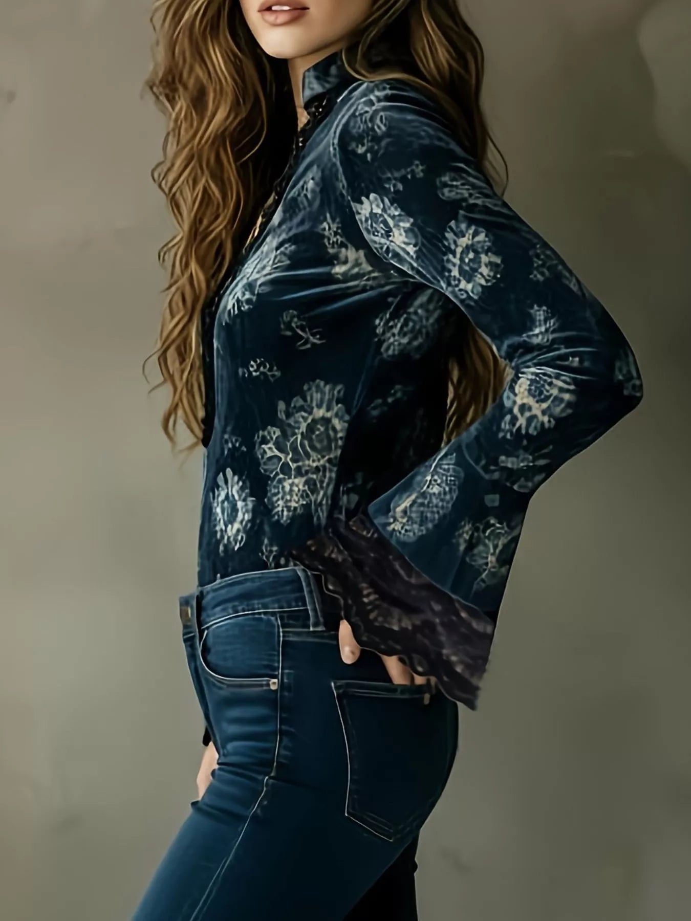 Trendsi Lace Trim Flare Sleeves Blouse -