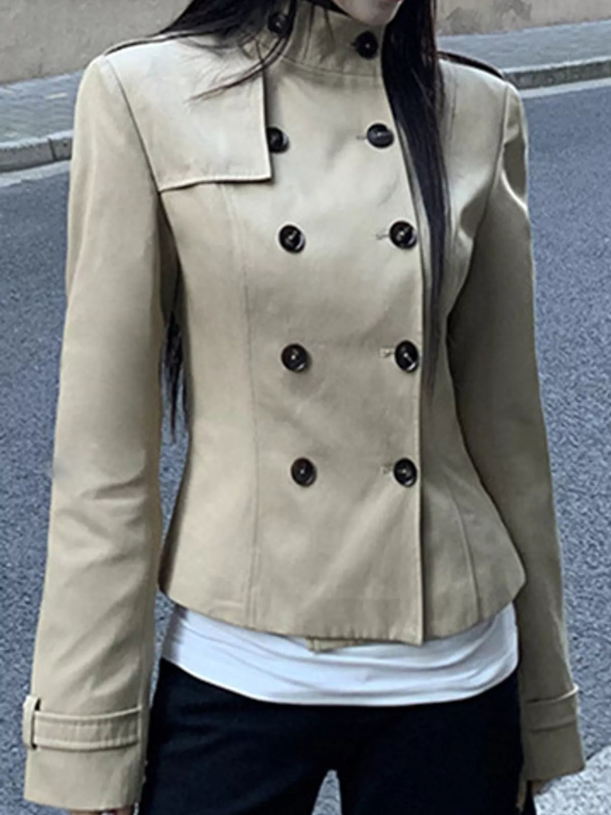 Double-Breasted Slim-Fit Jacket, detail view in khaki-belt included