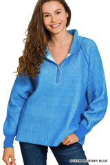 Trendsi Zenana Ribbed Two Tone Half Zip Sweater -