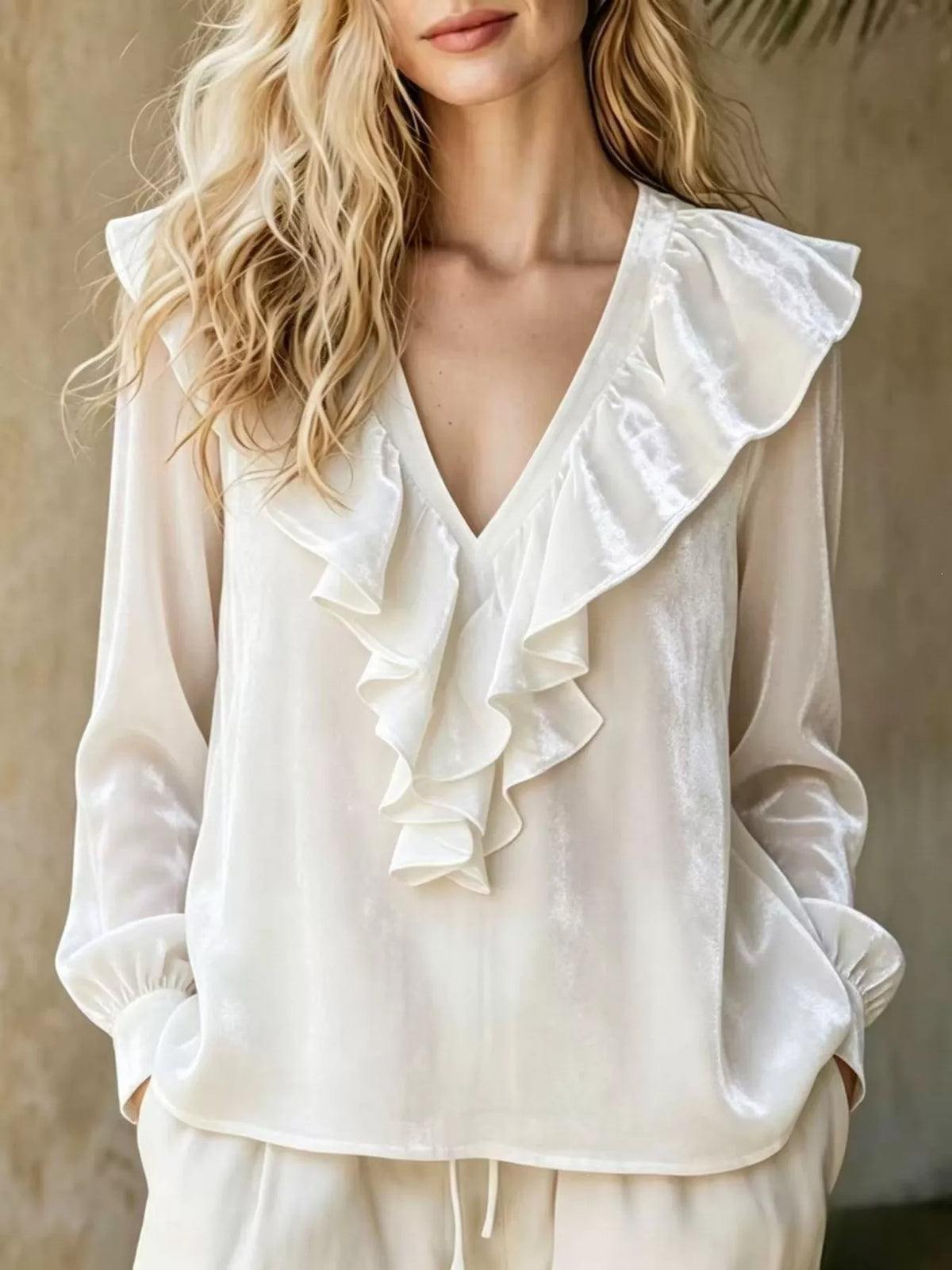 White Velvet Ruffled V-Neck Long Sleeve Blouse front view