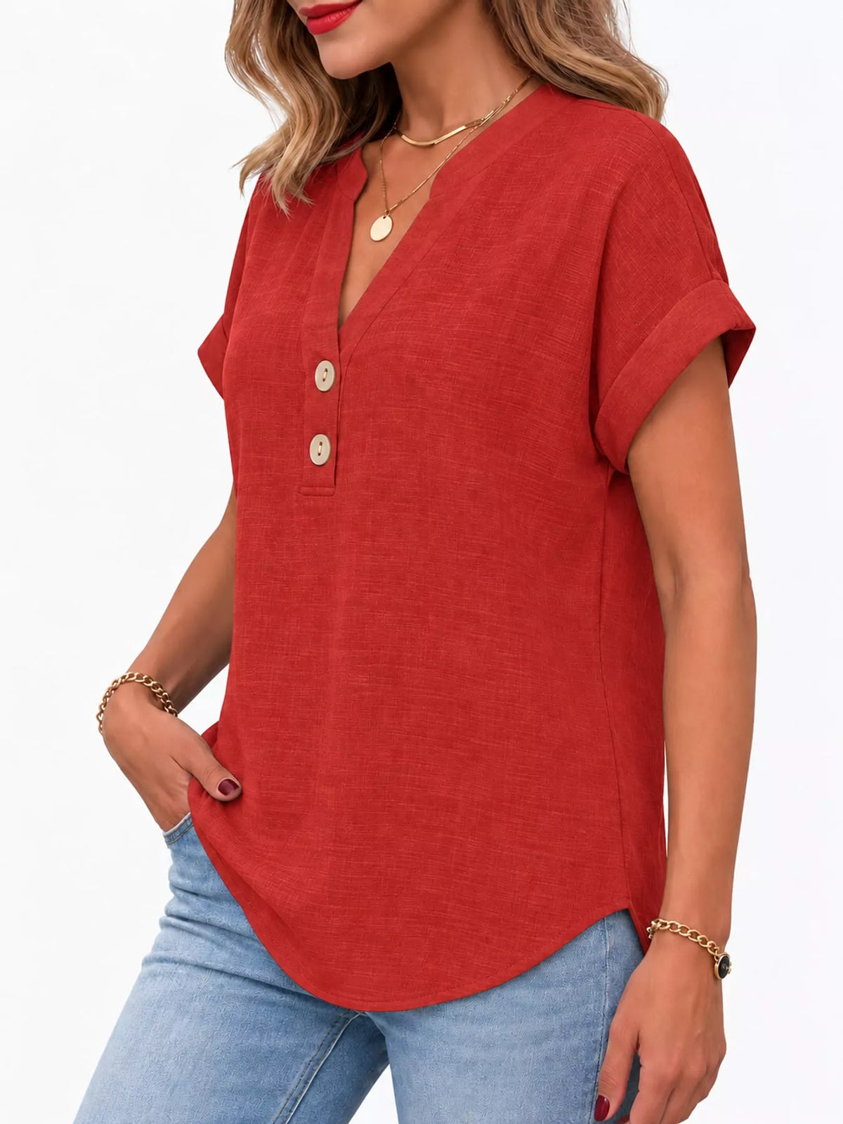 Red button detail short sleeve blouse, side view