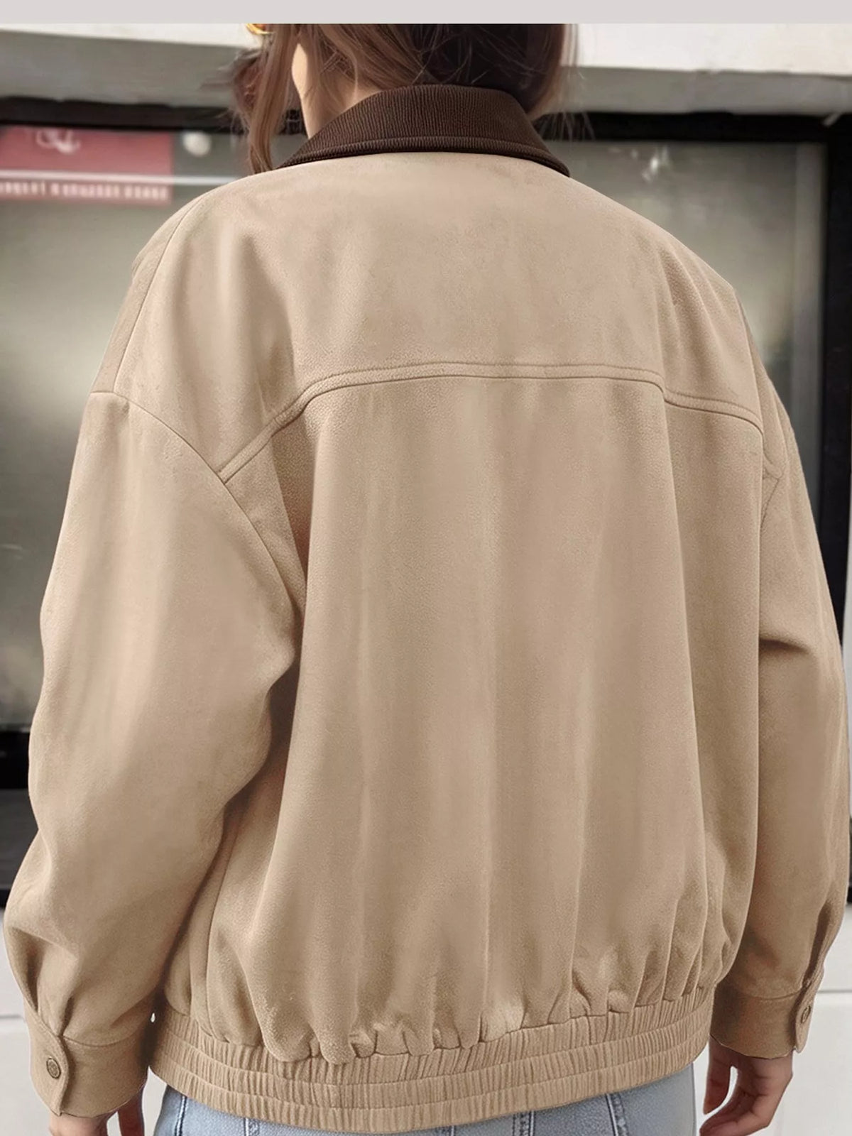 Beige zip-up dropped shoulder jacket — back view