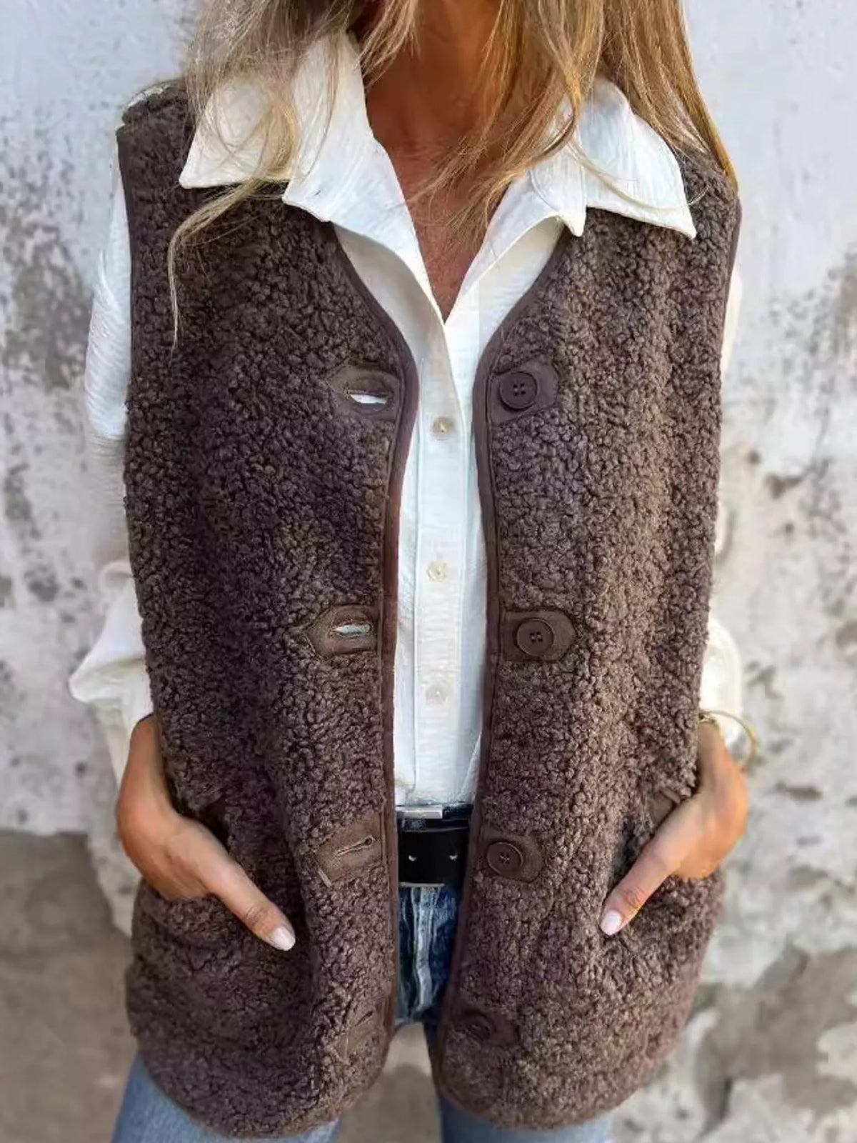 Women's Sherpa Button-Down Vest in brown — front view