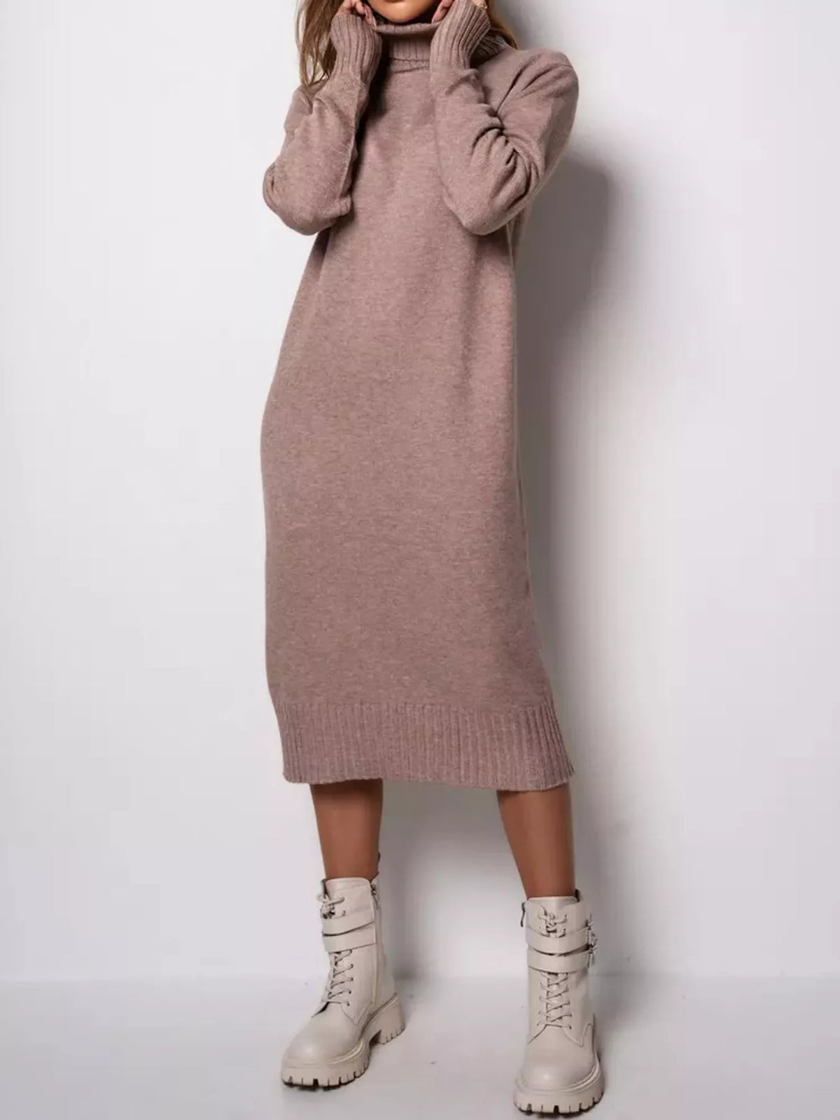 Camel turtleneck sweater dress