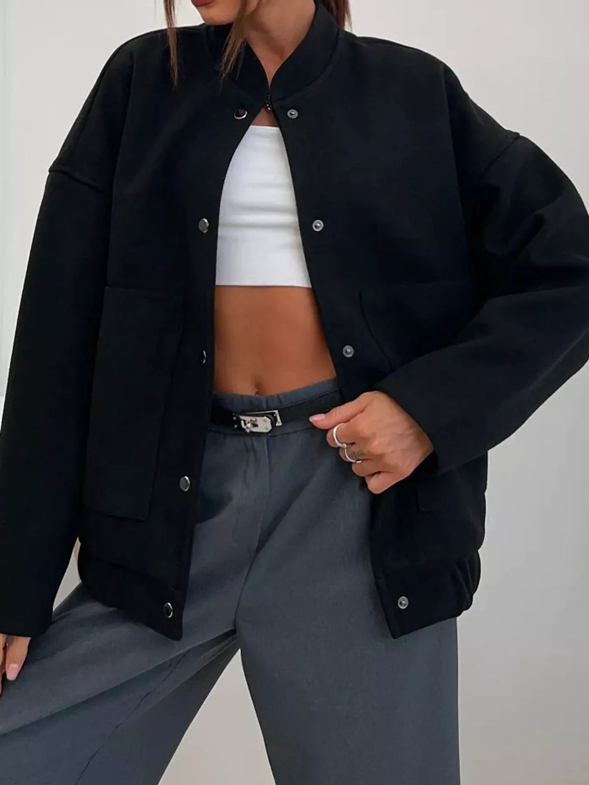 Black snap-button bomber jacket