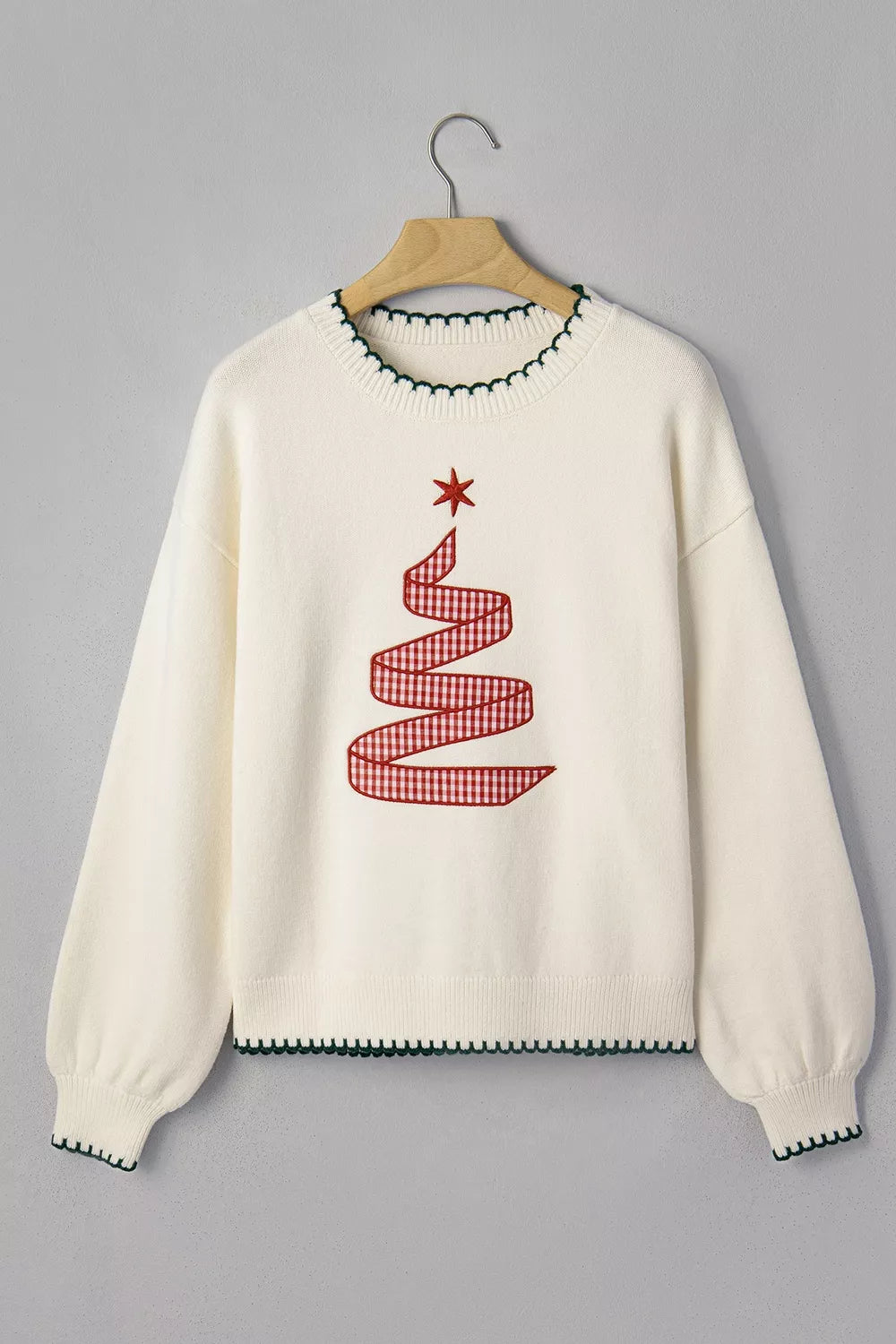Trendsi Stitched Detail Christmas Tree Holiday Casual Sweater -