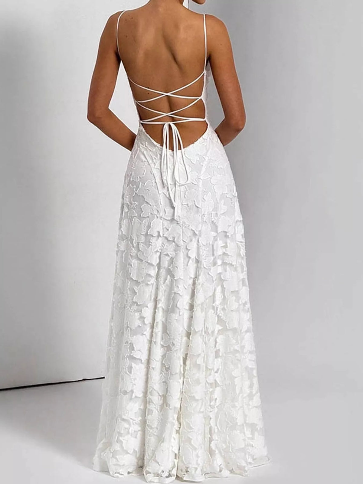 White backless lace maxi dress, back view