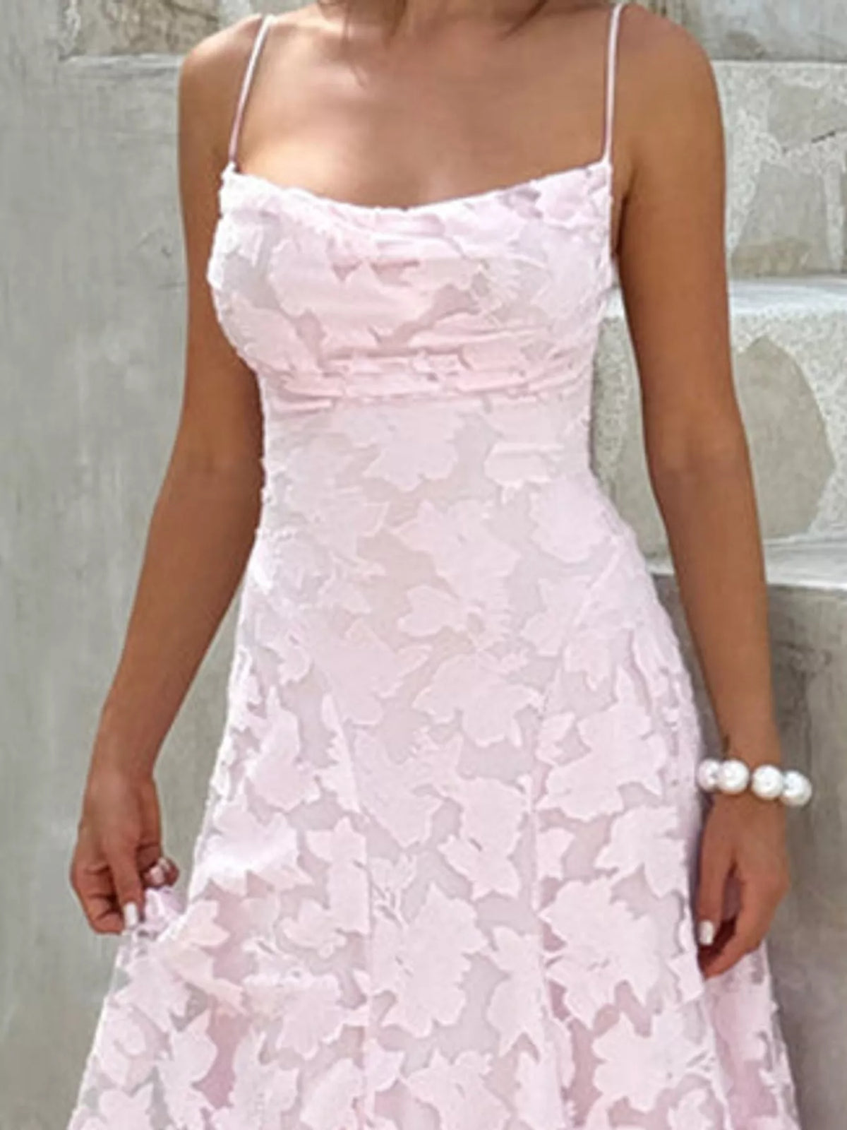 Pink backless lace maxi dress, side view