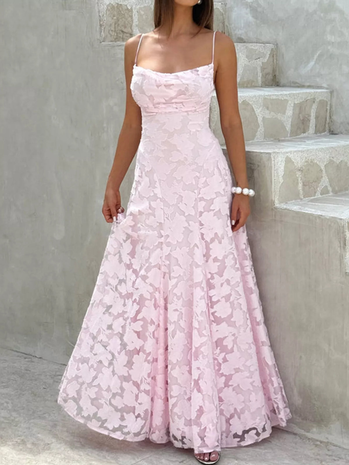 Pink backless lace maxi dress, front view