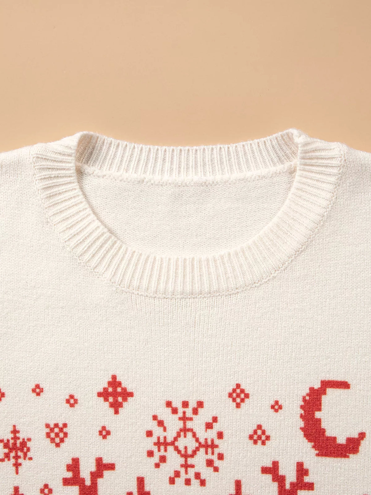 Snowflake Reindeer Christmas Sweater, neckline detail