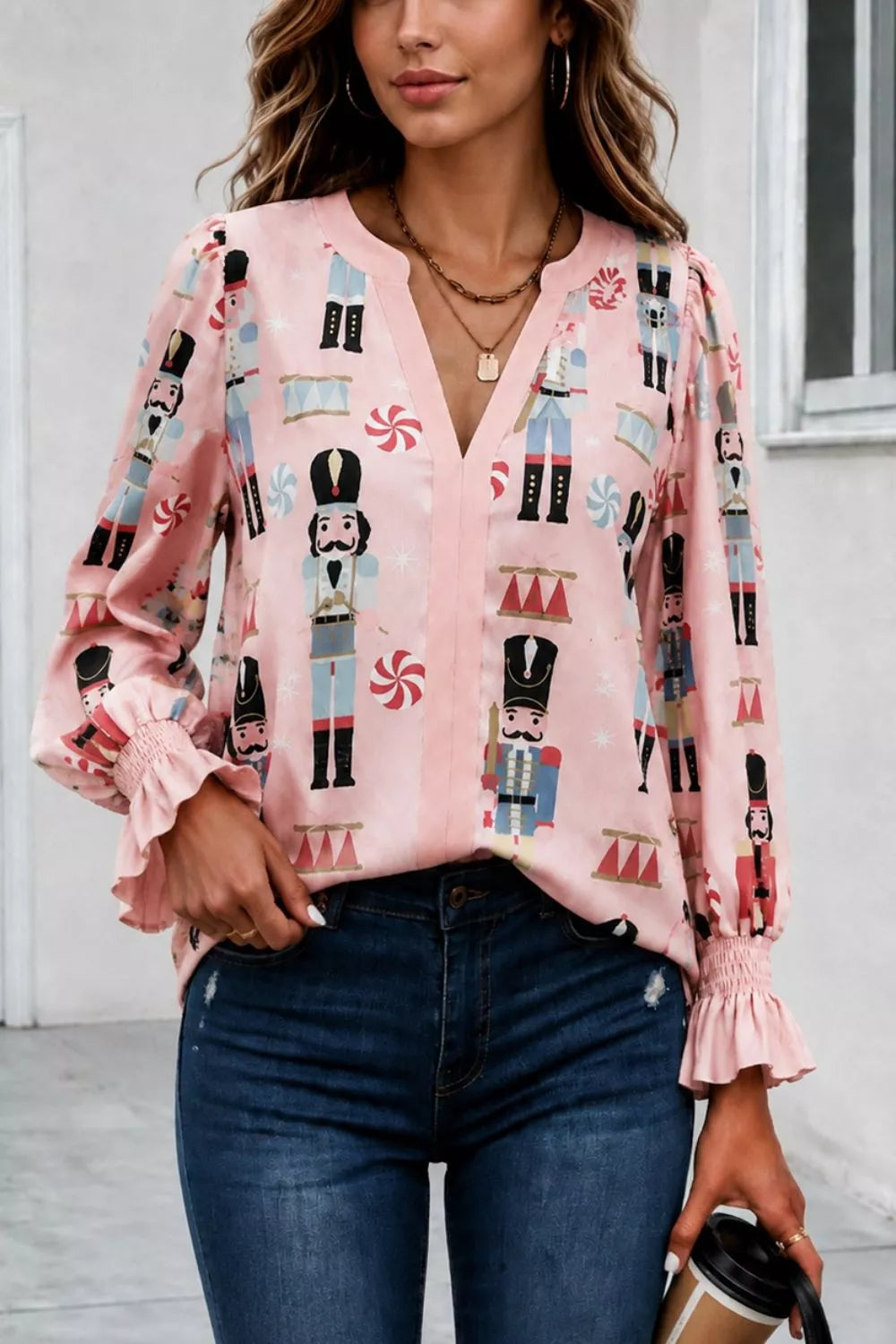 Trendsi Nutcracker Print Notched Flounce Sleeve Blouse -