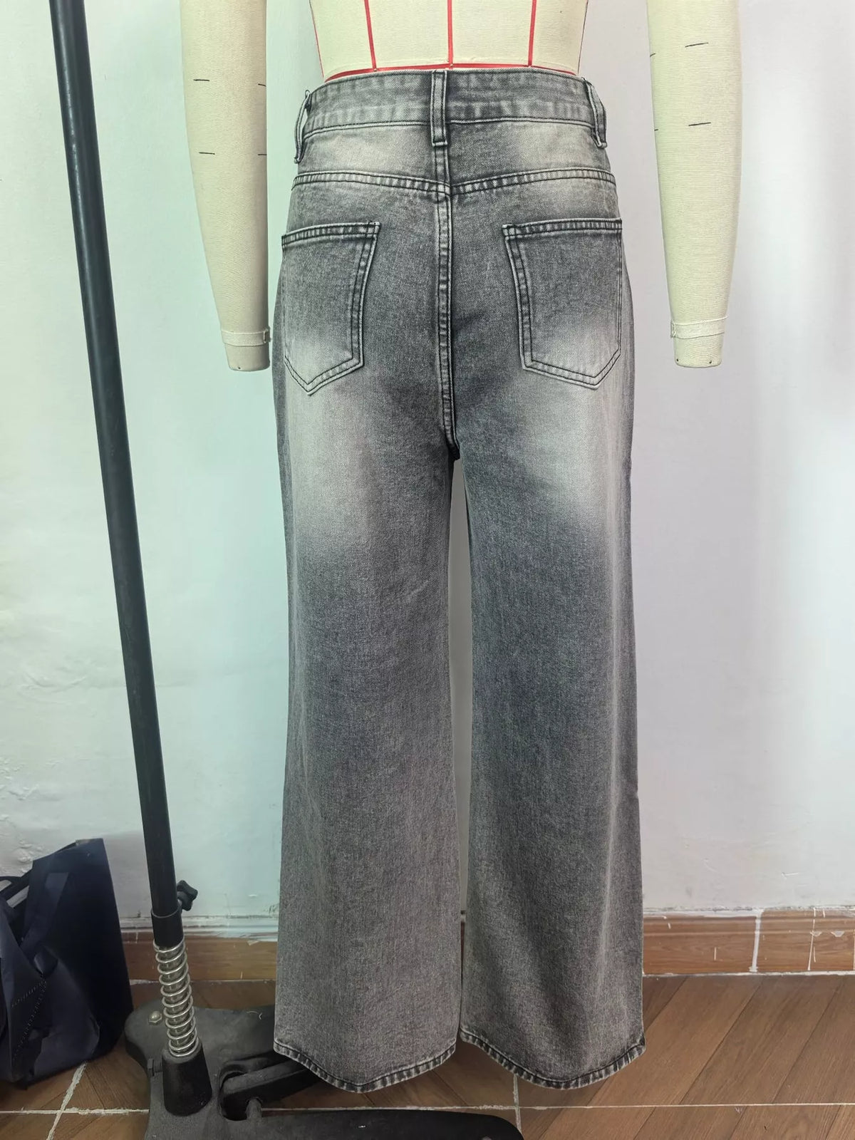 Distressed Wide-Leg Jeans in gray, back view