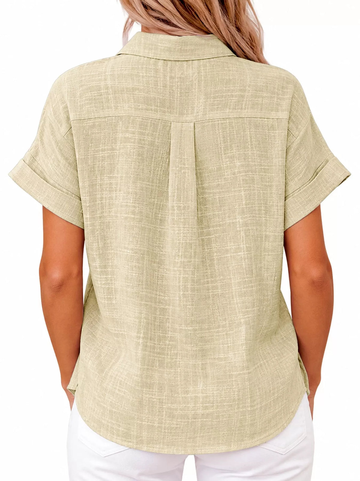 Women's Button Up Short Sleeve Shirt in beige — back view