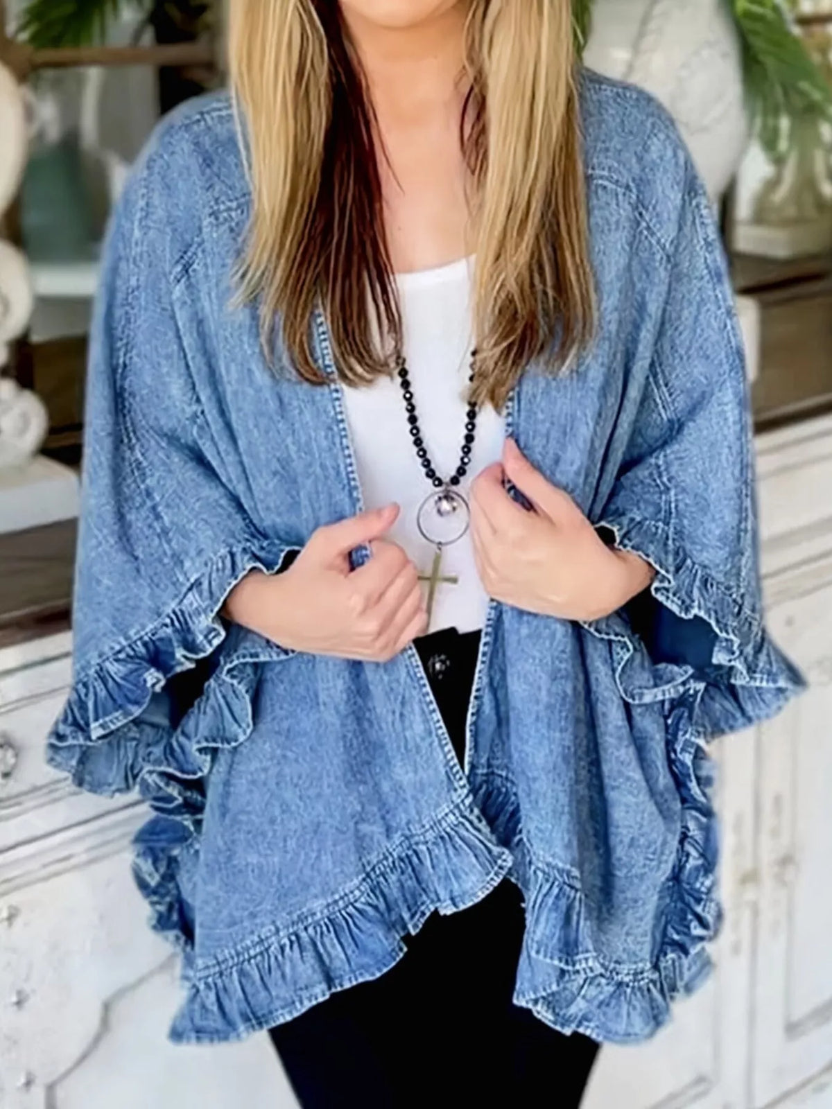 Royal Blue Ruffled Edge Open Front Denim Jacket detail view
