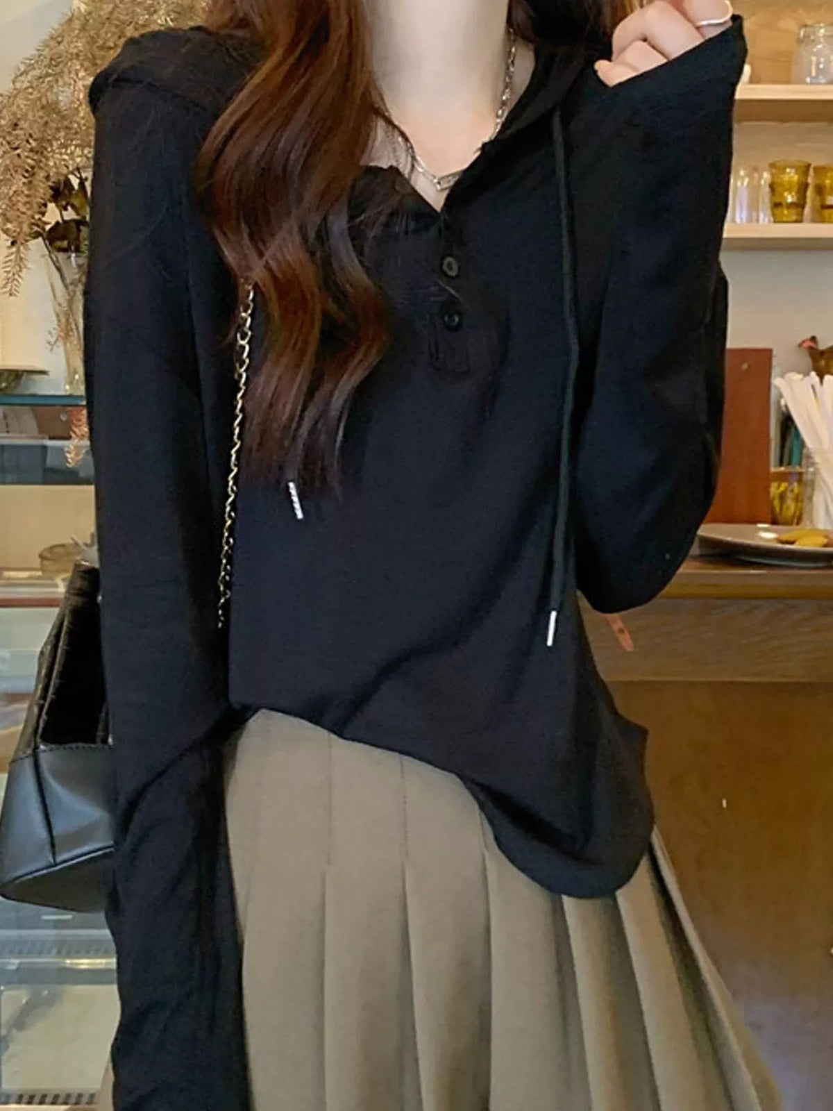 Long-Sleeve Hooded Henley T-Shirt — front view