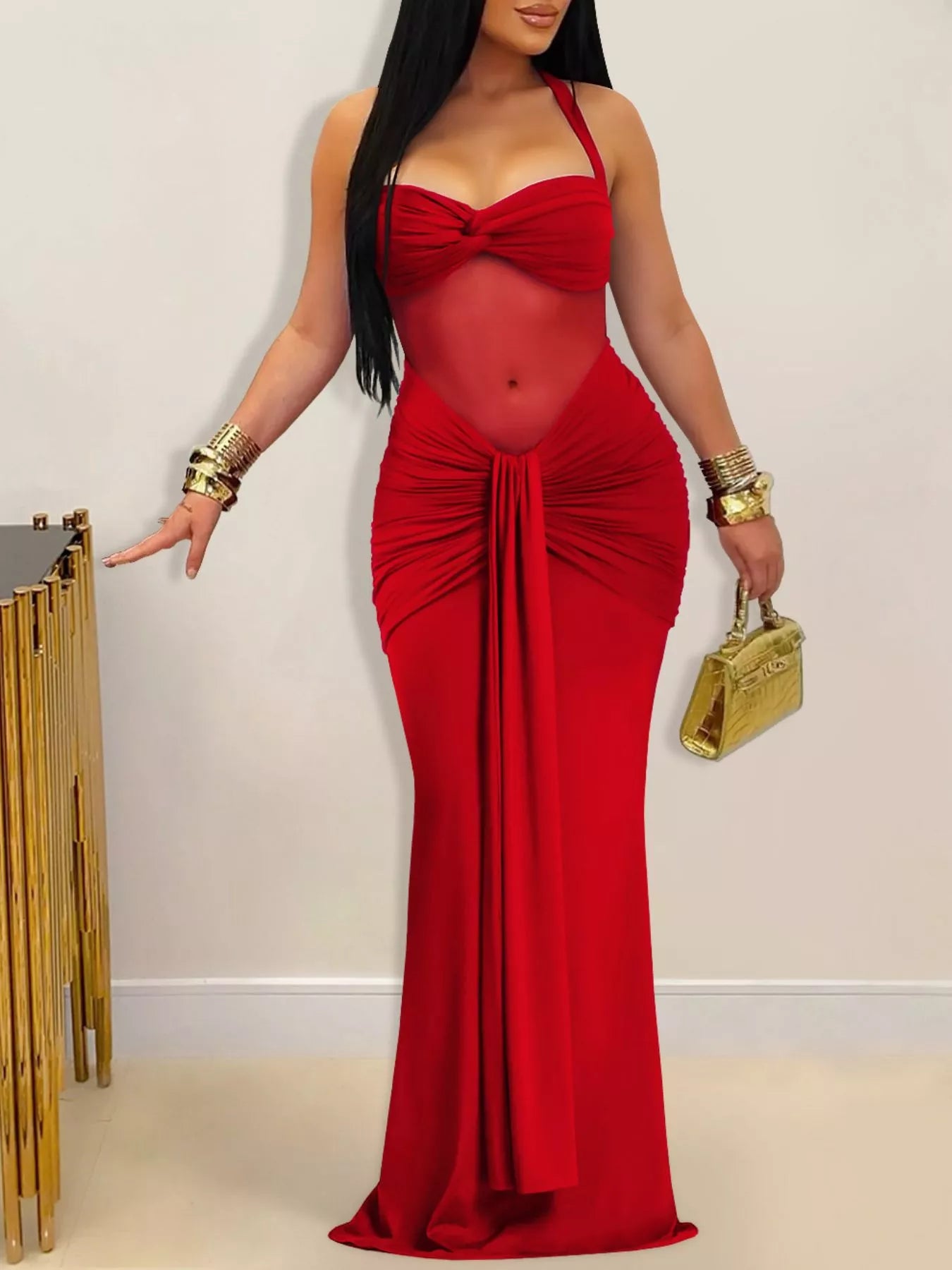 Trendsi Twisted Front Ruched Bodycon Maxi Dress -