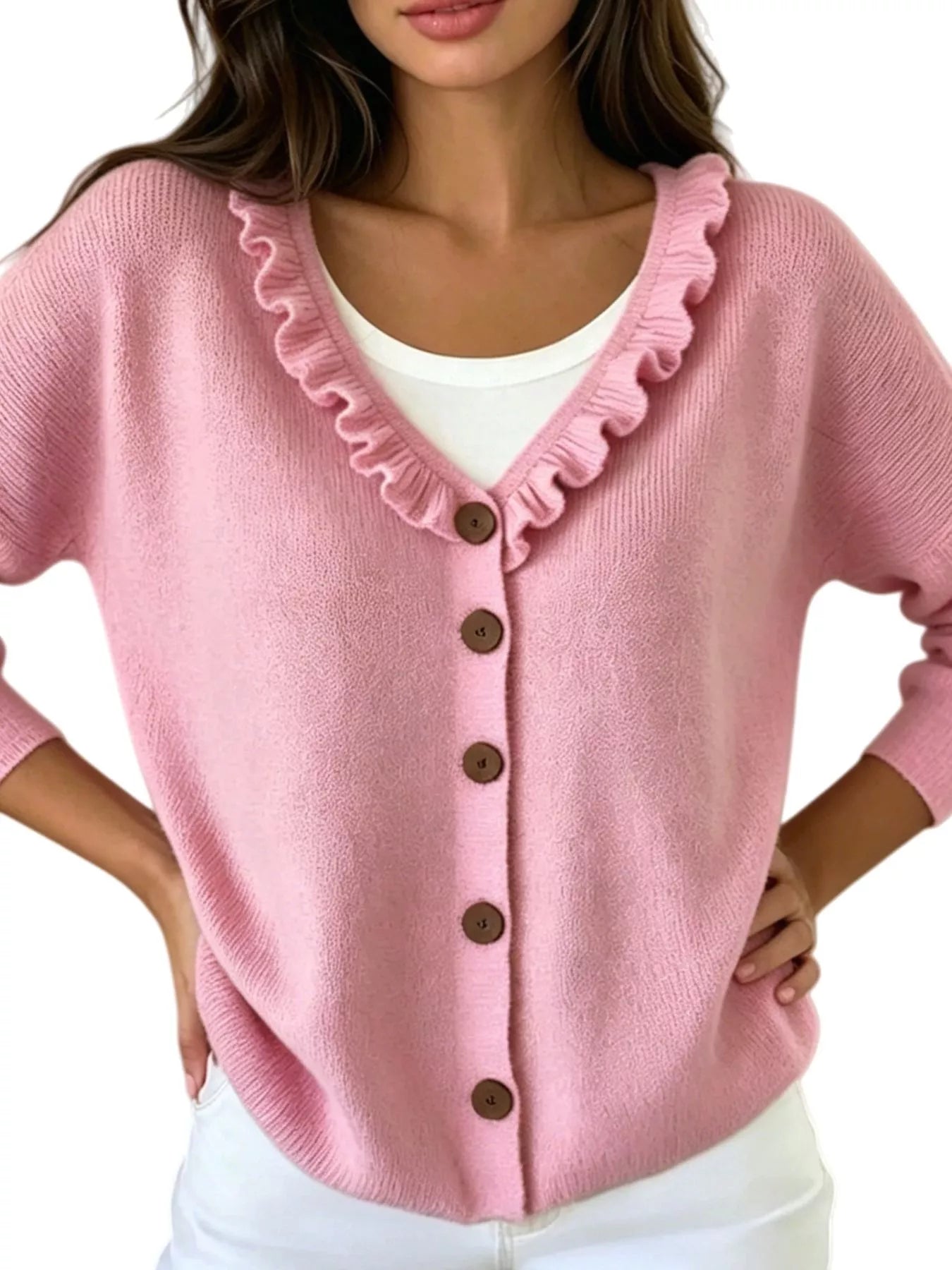 Trendsi Ruffled Neckline Button-Up Cardigan -