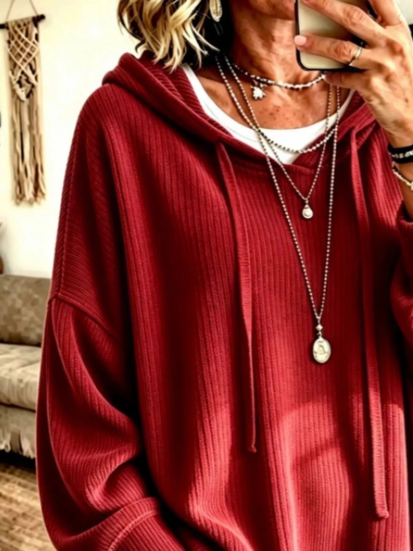 Trendsi Drawstring Ribbed Knit Hoodie -