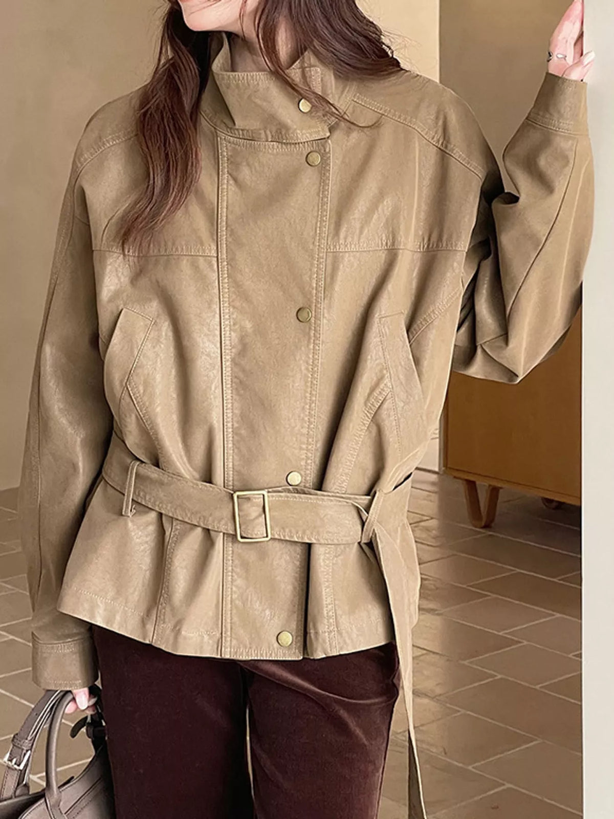 Khaki Color snap down long sleeve jacket