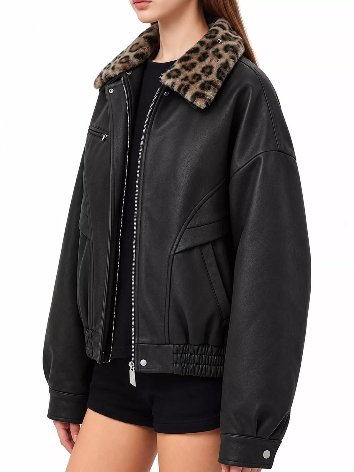 Black leopard collar zip-up jacket — side view