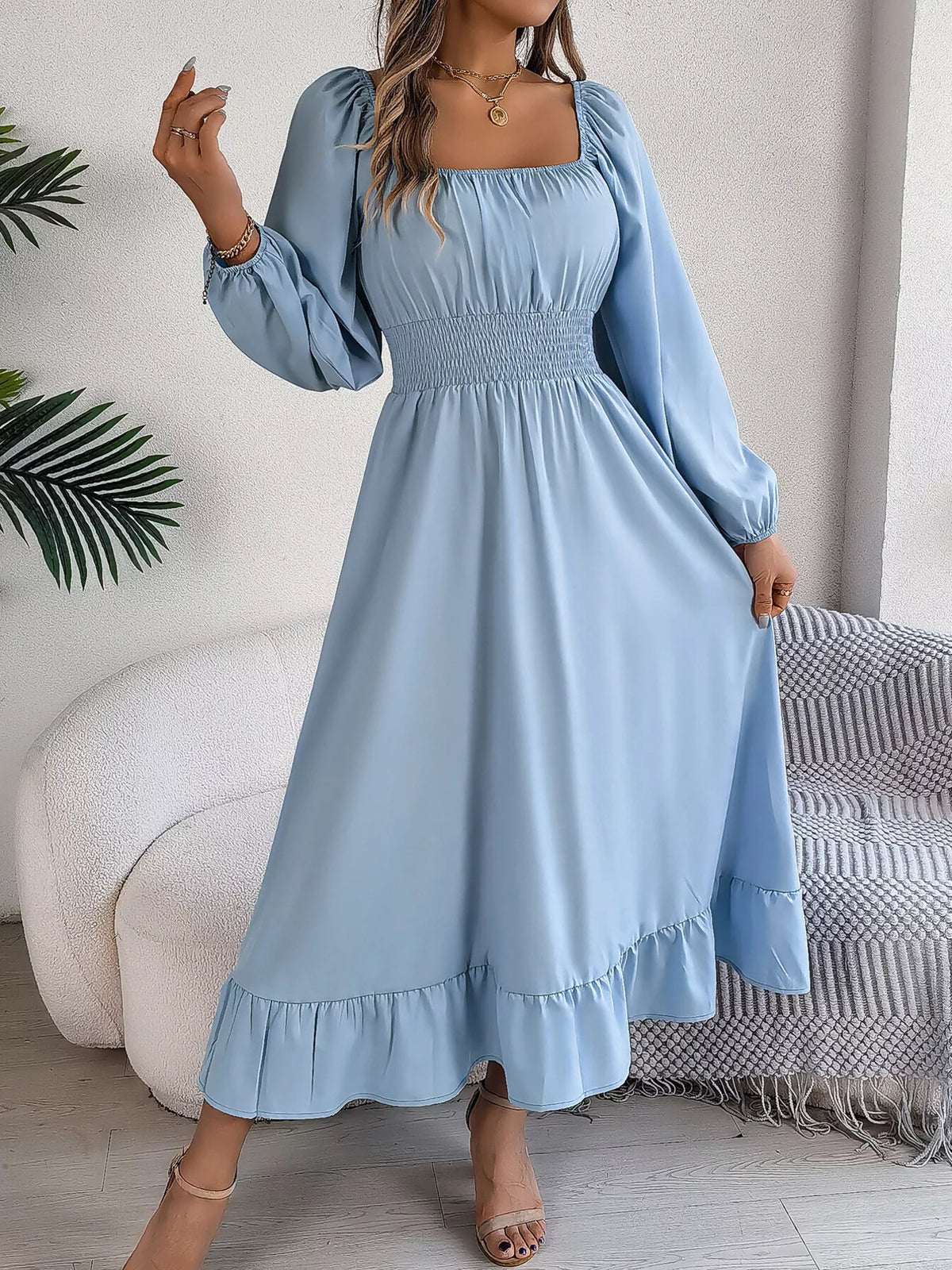 Light blue square neck smocked waist long sleeve midi dress
