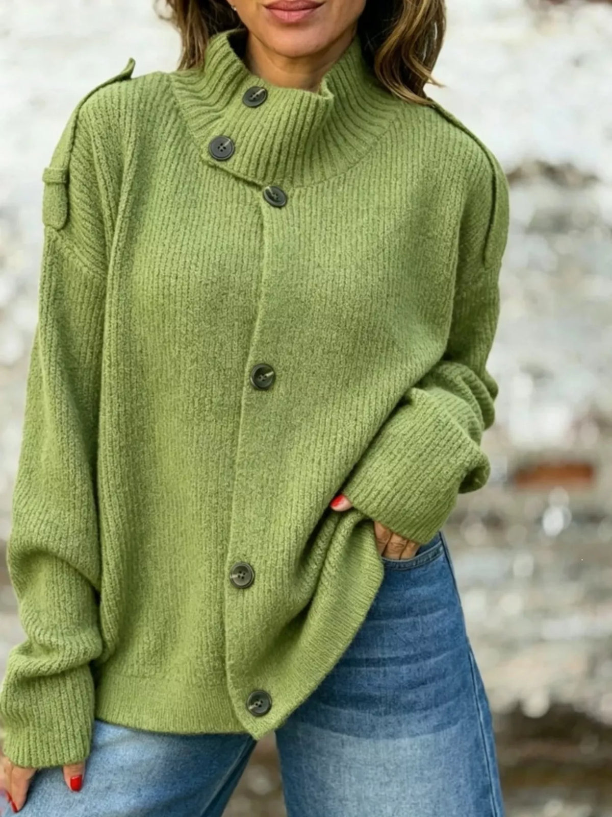 Button-Up Mock Neck Cardigan in green, front view