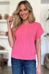 Trendsi Double Take Full Size Cable-Knit Round Neck Short Sleeve Sweater -
