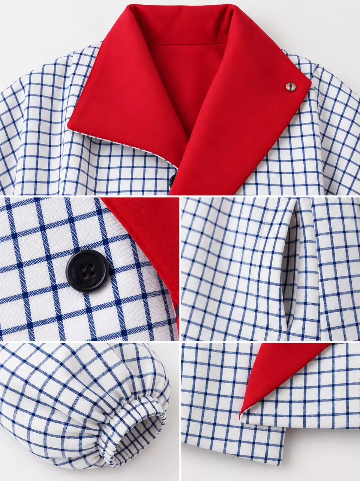 White and blue check contrast lapel plaid jacket — design and construction details