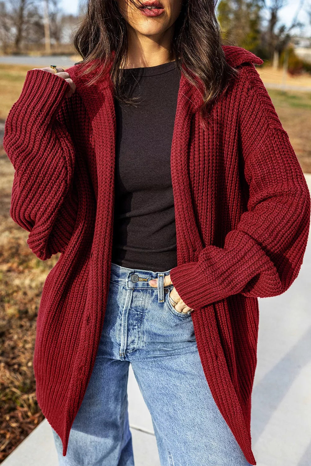 Trendsi Solid Color Knit Oversized Button Front Sweater Cardigan -