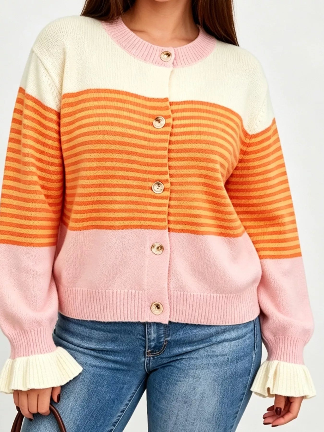 Trendsi Color Block Striped Button Up Cardigan -