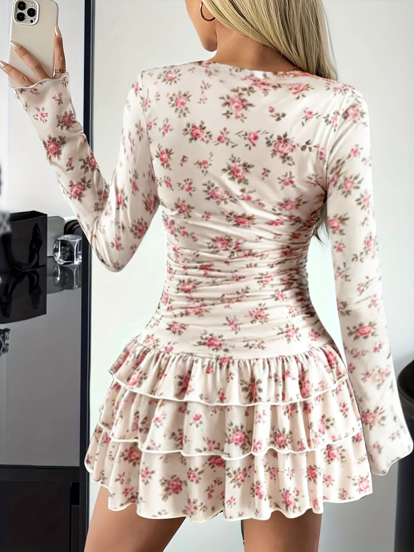 Long sleeve ruffled-hem mini dress