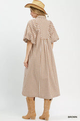 Trendsi Umgee Puff Sleeve Plaid Midi Dress -