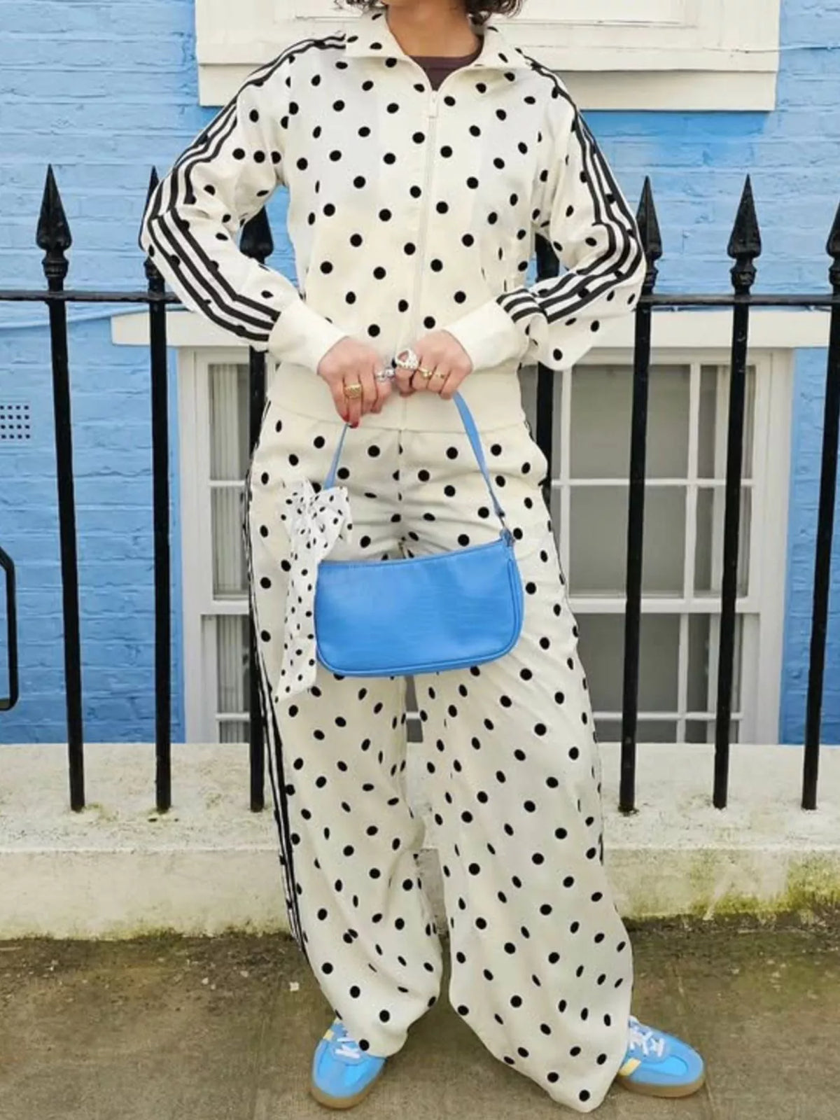 Trendsi Polka Dot Side Striped Outerwear and Pants Set -