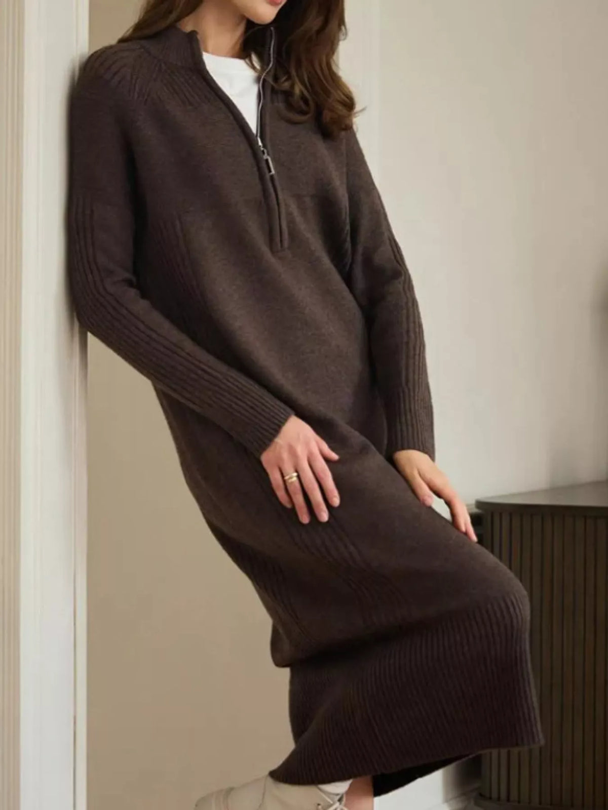 Brown half-zip ribbed knit sweater dress — front view