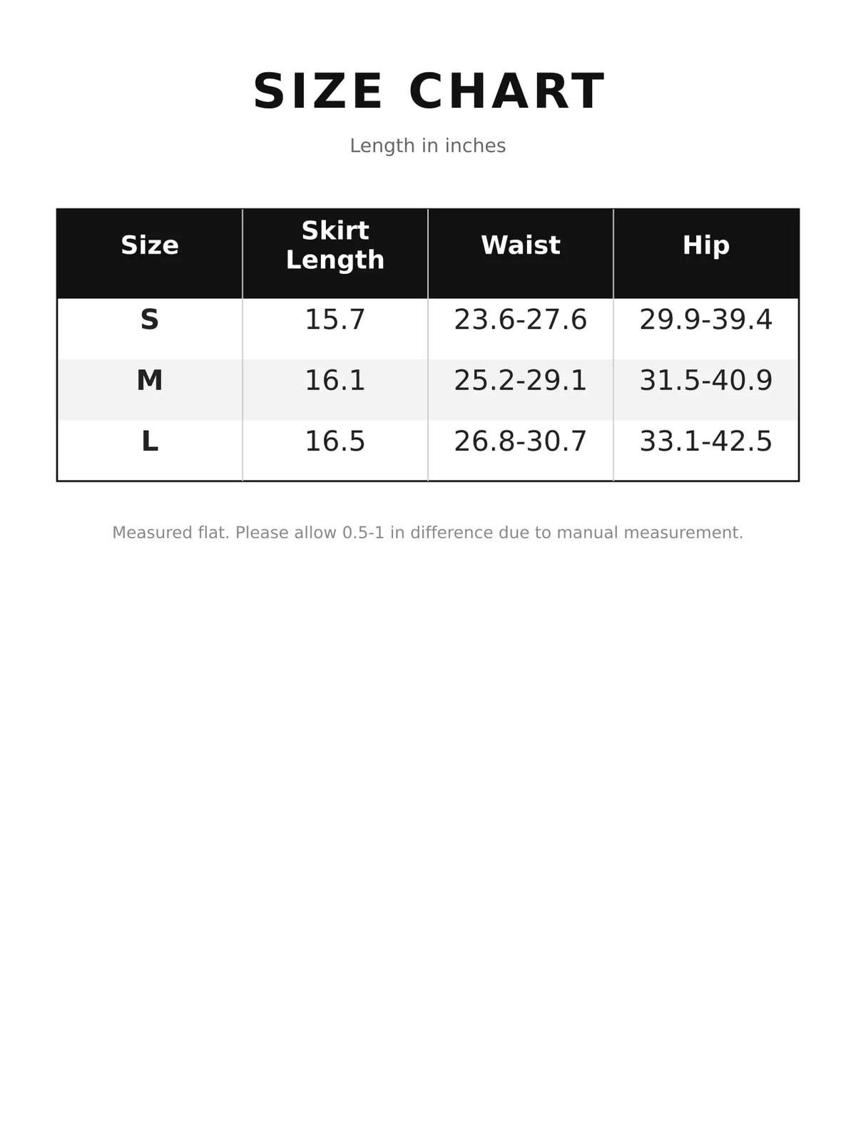 Ruched Bodycon Mini Skirt — size and measurement chart