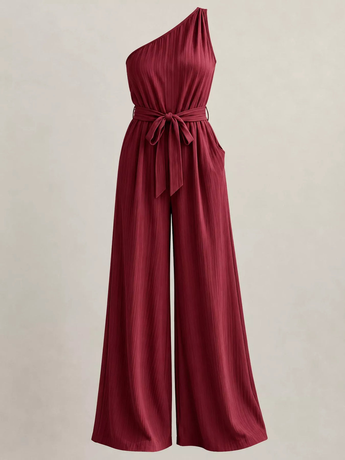 One-Shoulder Wide-Leg Jumpsuit in burgundy, front view