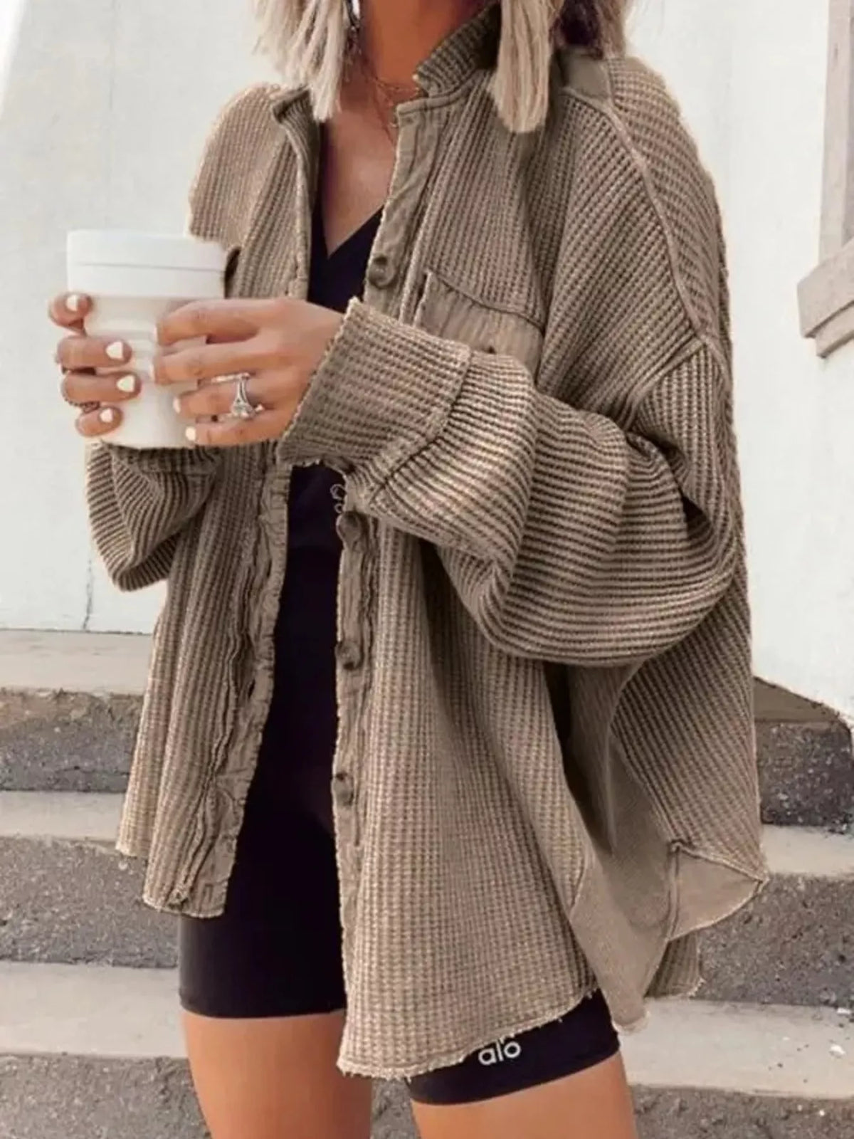 Trendsi Oversized Waffle Knit Button-Up Jacket -