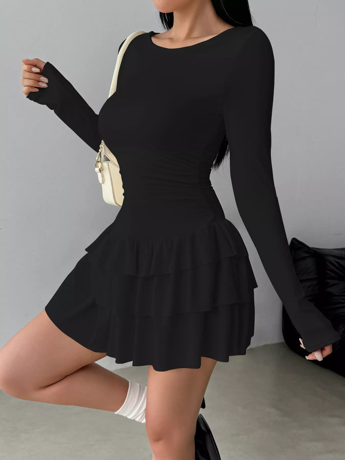 Black layered ruffle mini dress