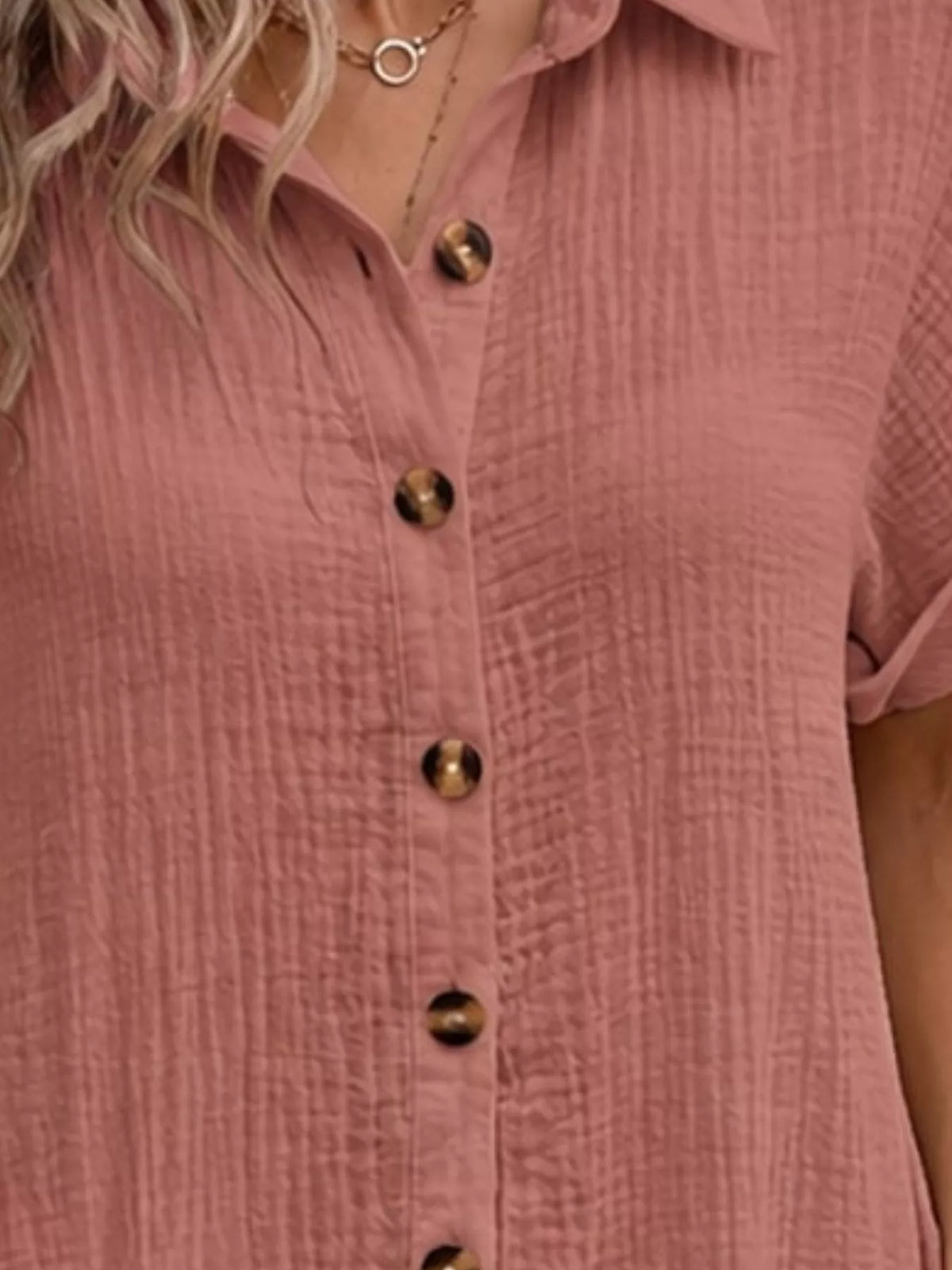 Dusty pink textured button-front shirt dress with pockets, collar and button detail