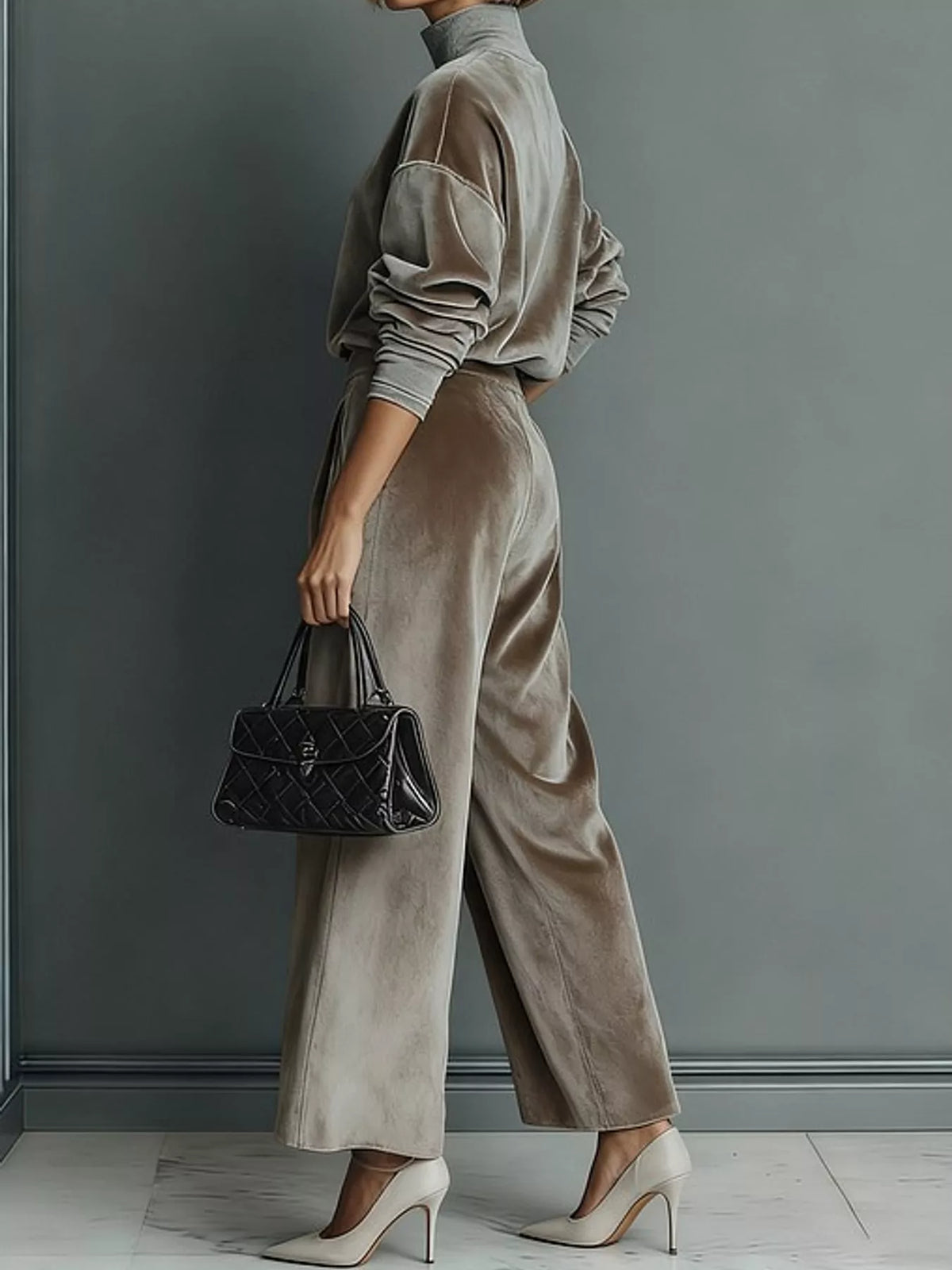 Taupe velvet mock neck top and wide-leg pants set, side view